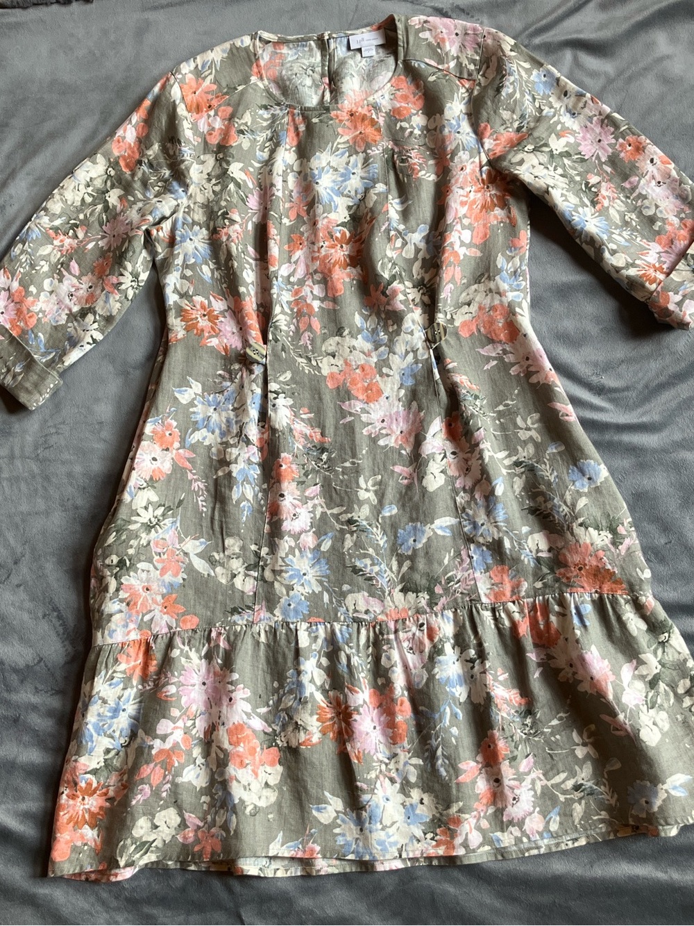 J. Jill Olive Floral Midi Dress with Coral and Blue Blooms